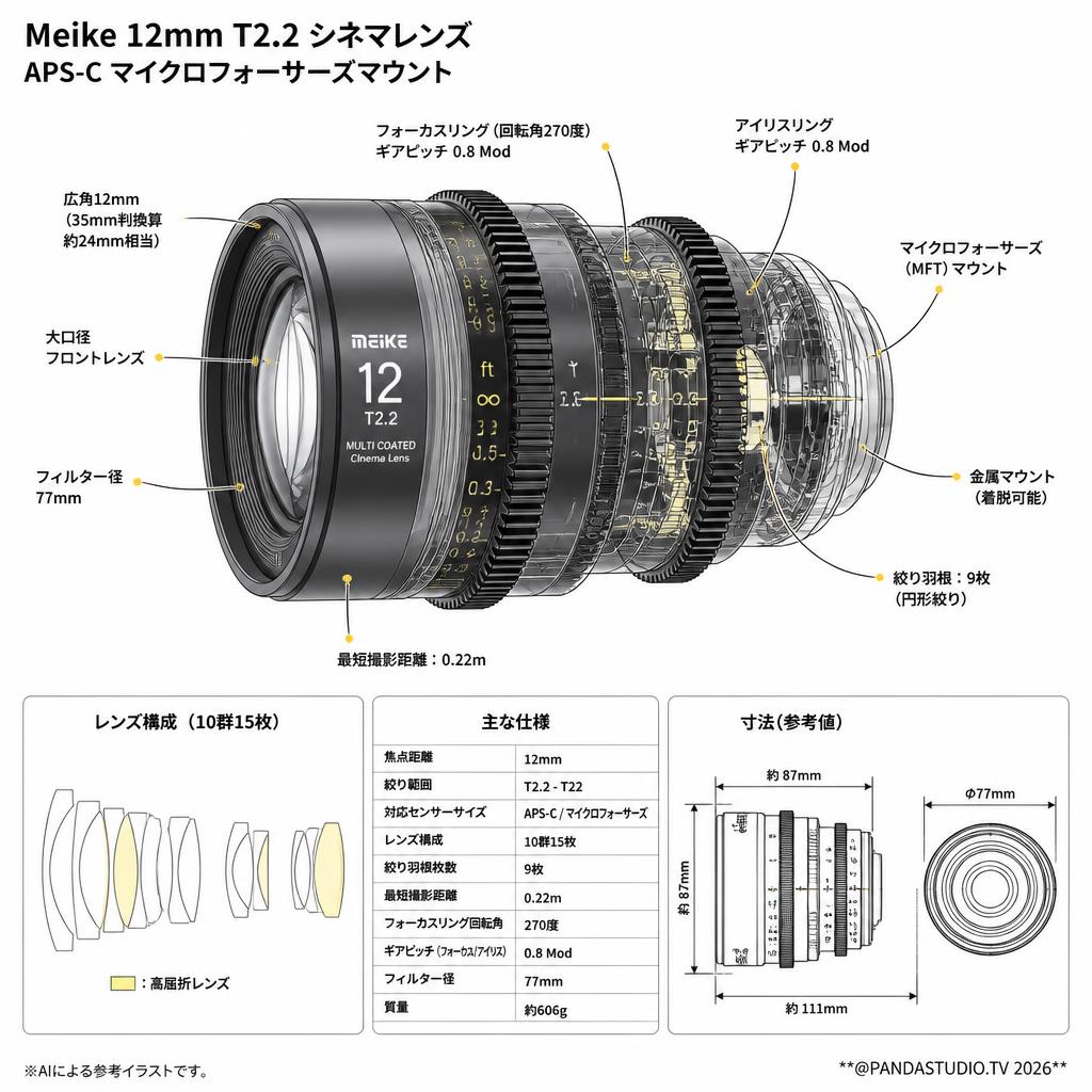 Meike 12mm T2.2 シネマレンズ APS-C マイクロフォーサーズマウント スペック