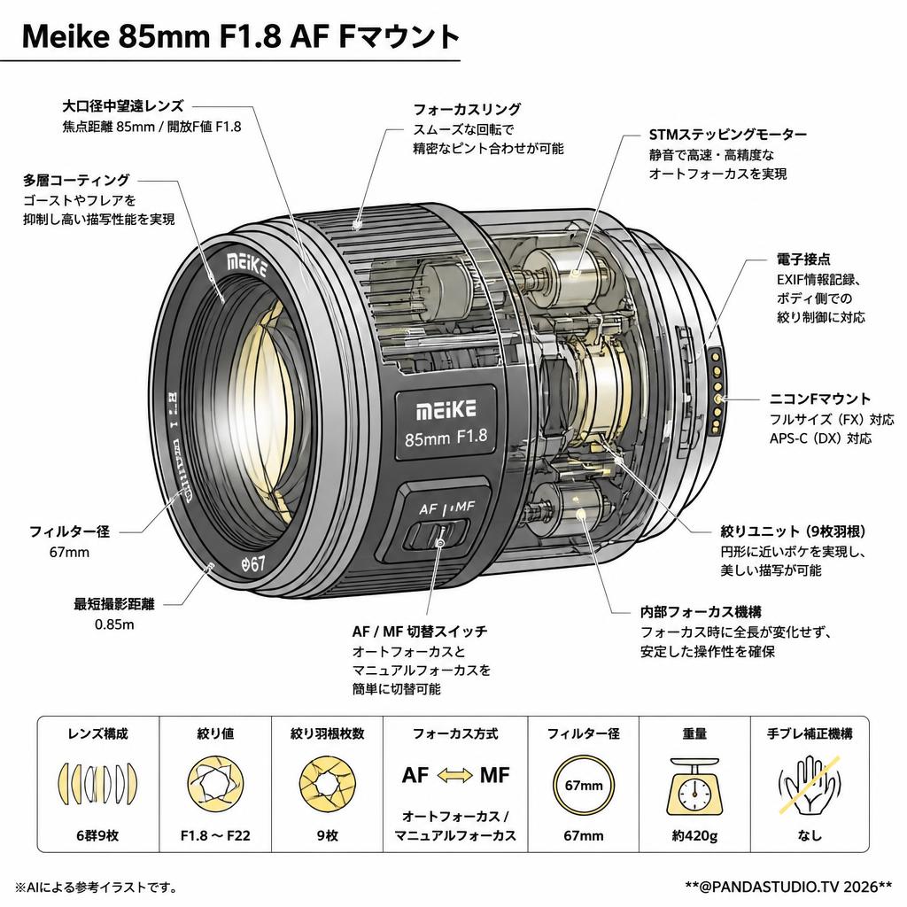 Meike 85mm F1.8 AF Fマウント スペック