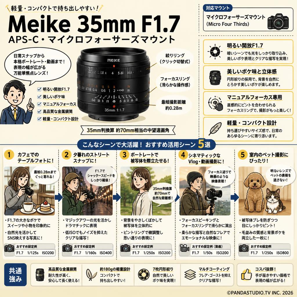 Meike 35mm F1.7 APS-C マイクロフォーサーズマウント 用途