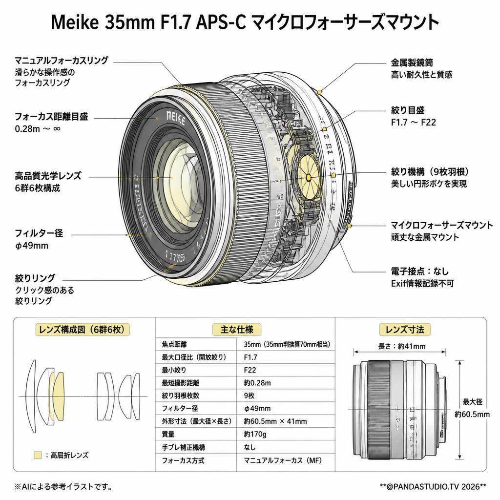 Meike 35mm F1.7 APS-C マイクロフォーサーズマウント スペック