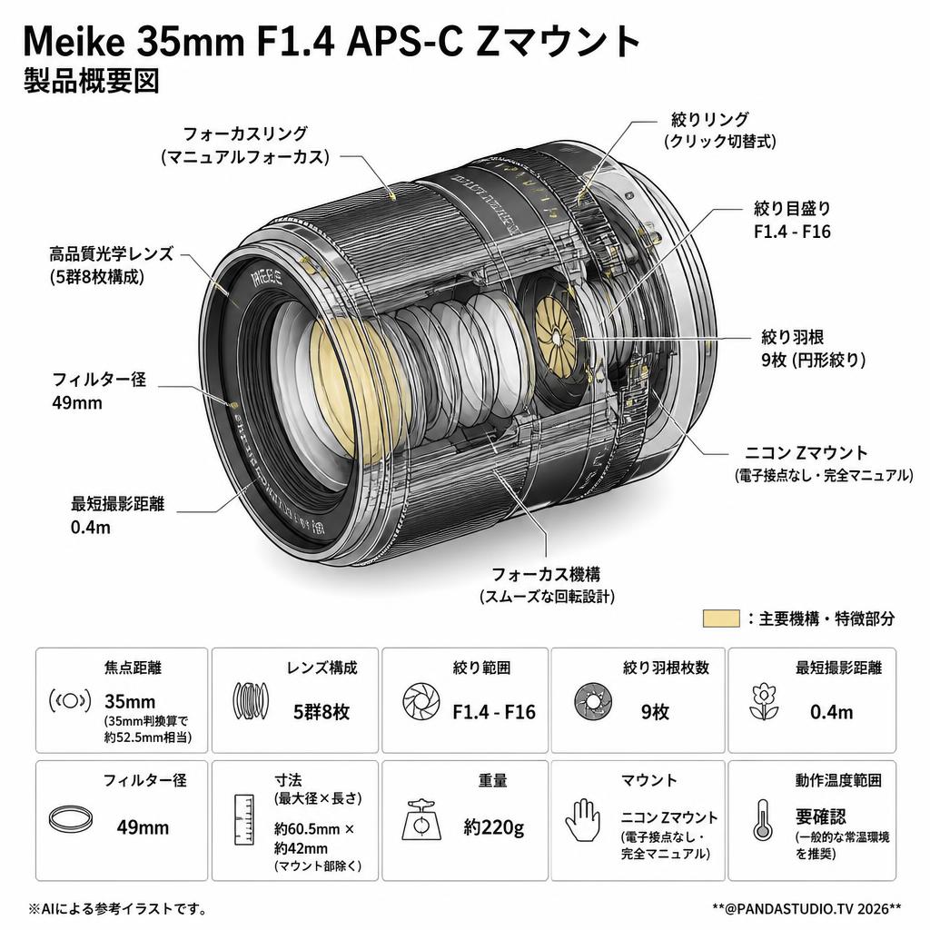 Meike 35mm F1.4 APS-C Zマウント スペック