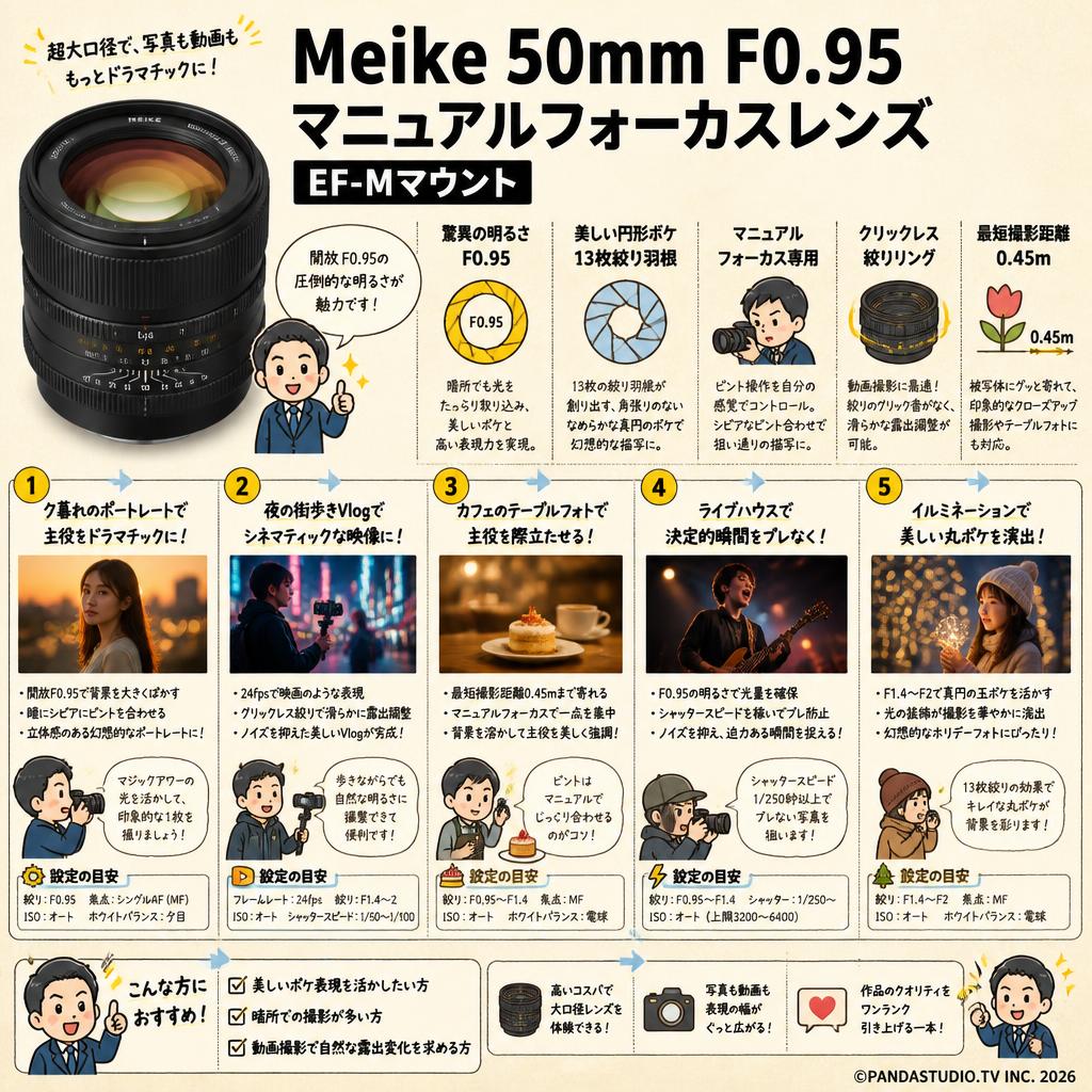 Meike 50mm F0.95 マニュアルフォーカスレンズ EF-Mマウント 用途