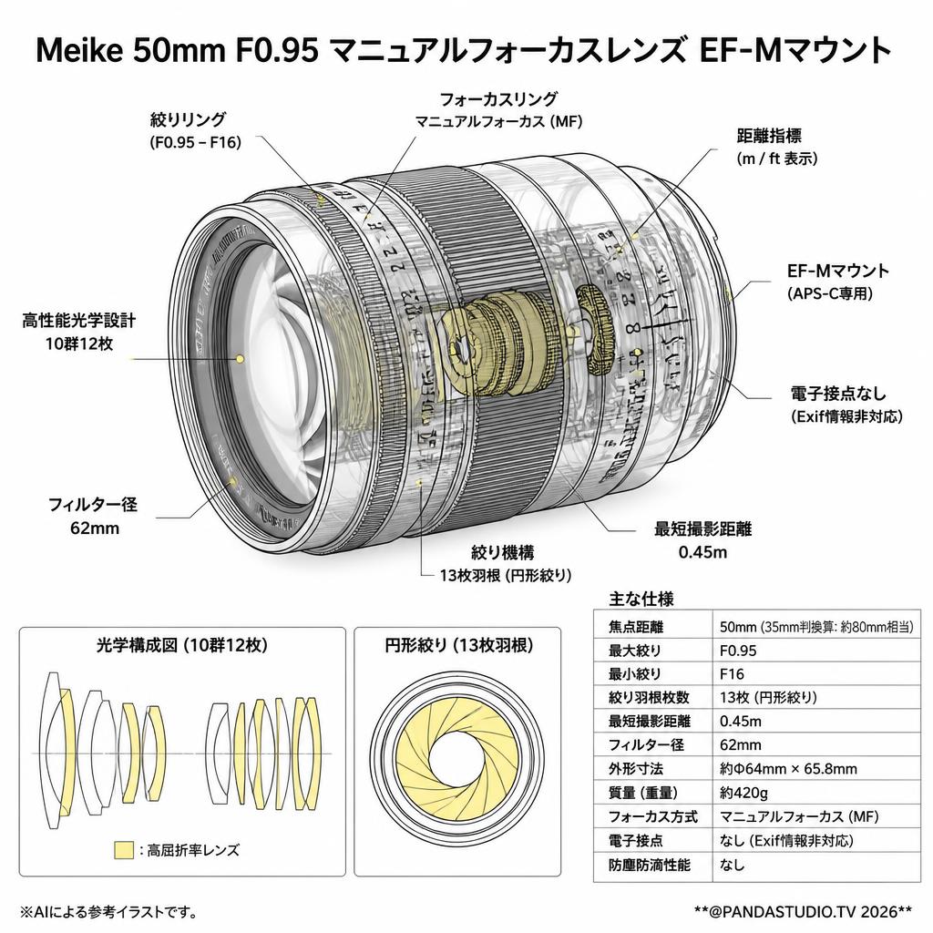 Meike 50mm F0.95 マニュアルフォーカスレンズ EF-Mマウント スペック