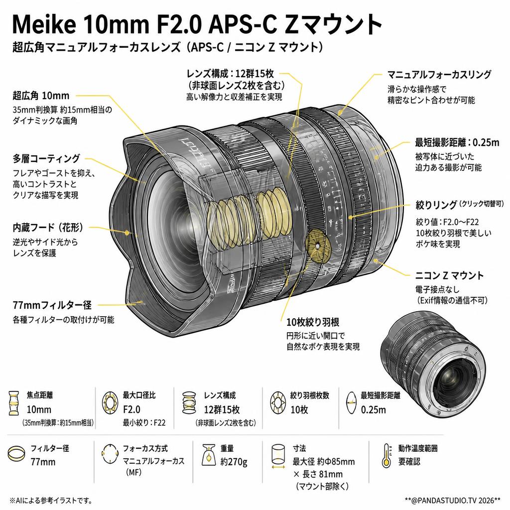 Meike 10mm F2.0 APS-C Zマウント スペック