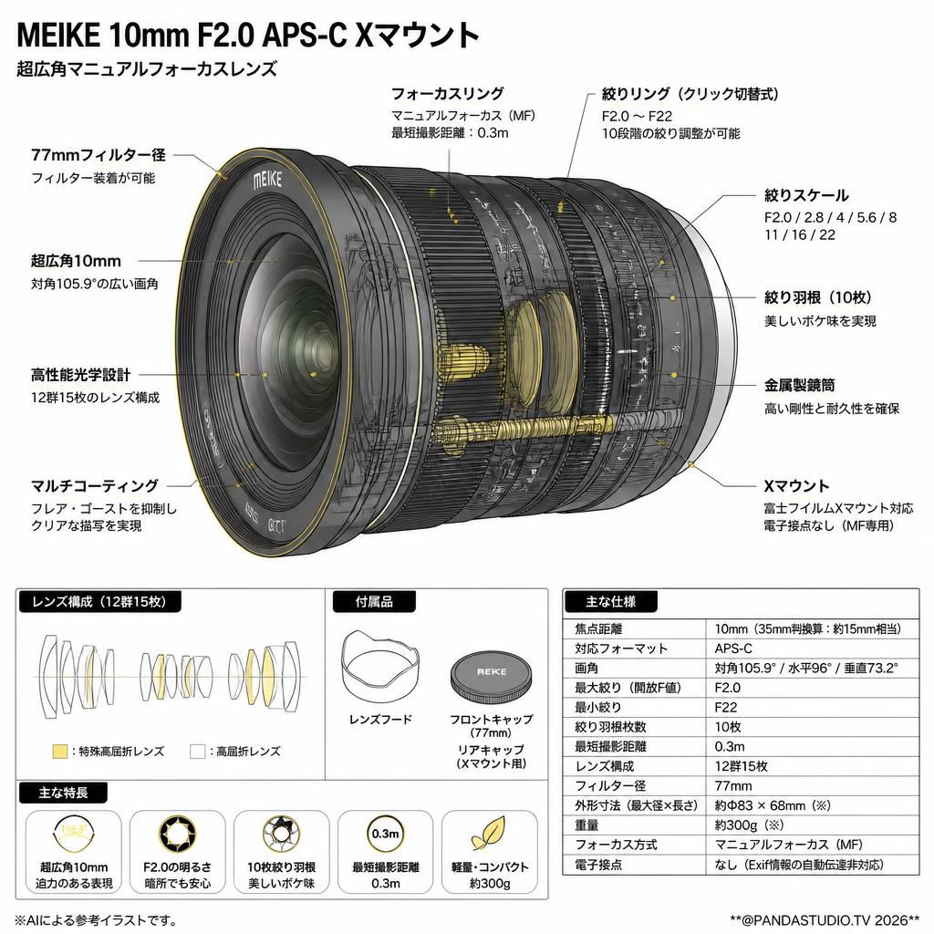 Meike 10mm F2.0 APS-C Xマウント スペック