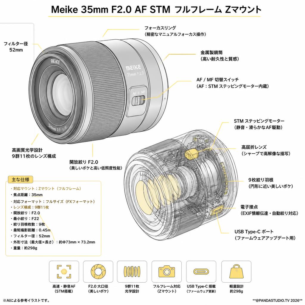 Meike 35mm F2.0 AF STM フルフレーム Zマウント スペック