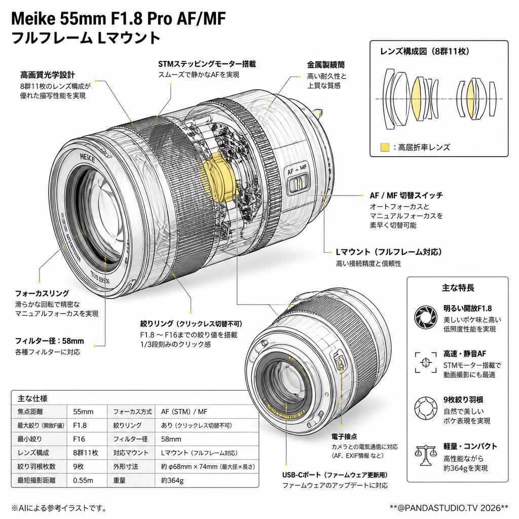 Meike 55mm F1.8 Pro AF/MF フルフレーム Lマウント スペック
