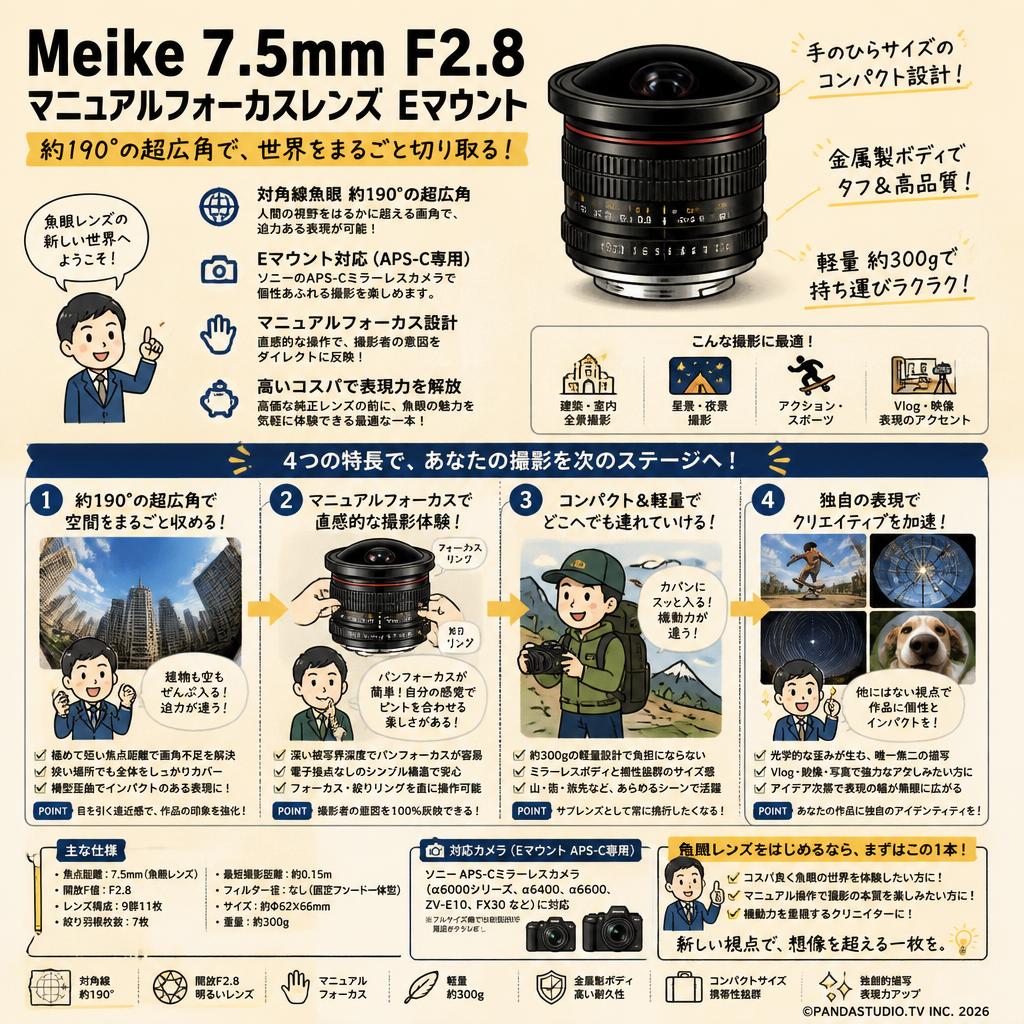 Meike 7.5mm F2.8  マニュアルフォーカスレンズ Eマウント 概要