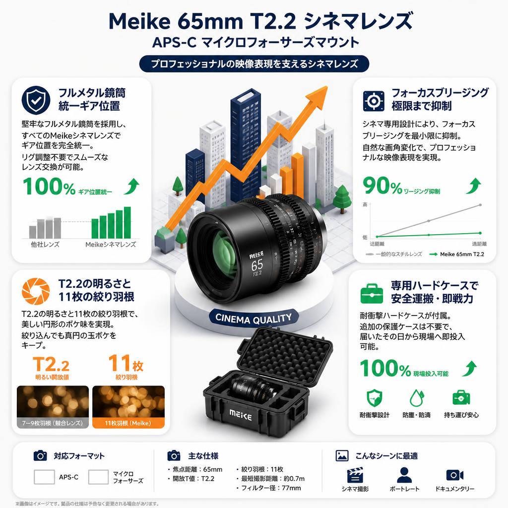 Meike 65mm T2.2 シネマレンズ APS-C マイクロフォーサーズマウント セールスポイント