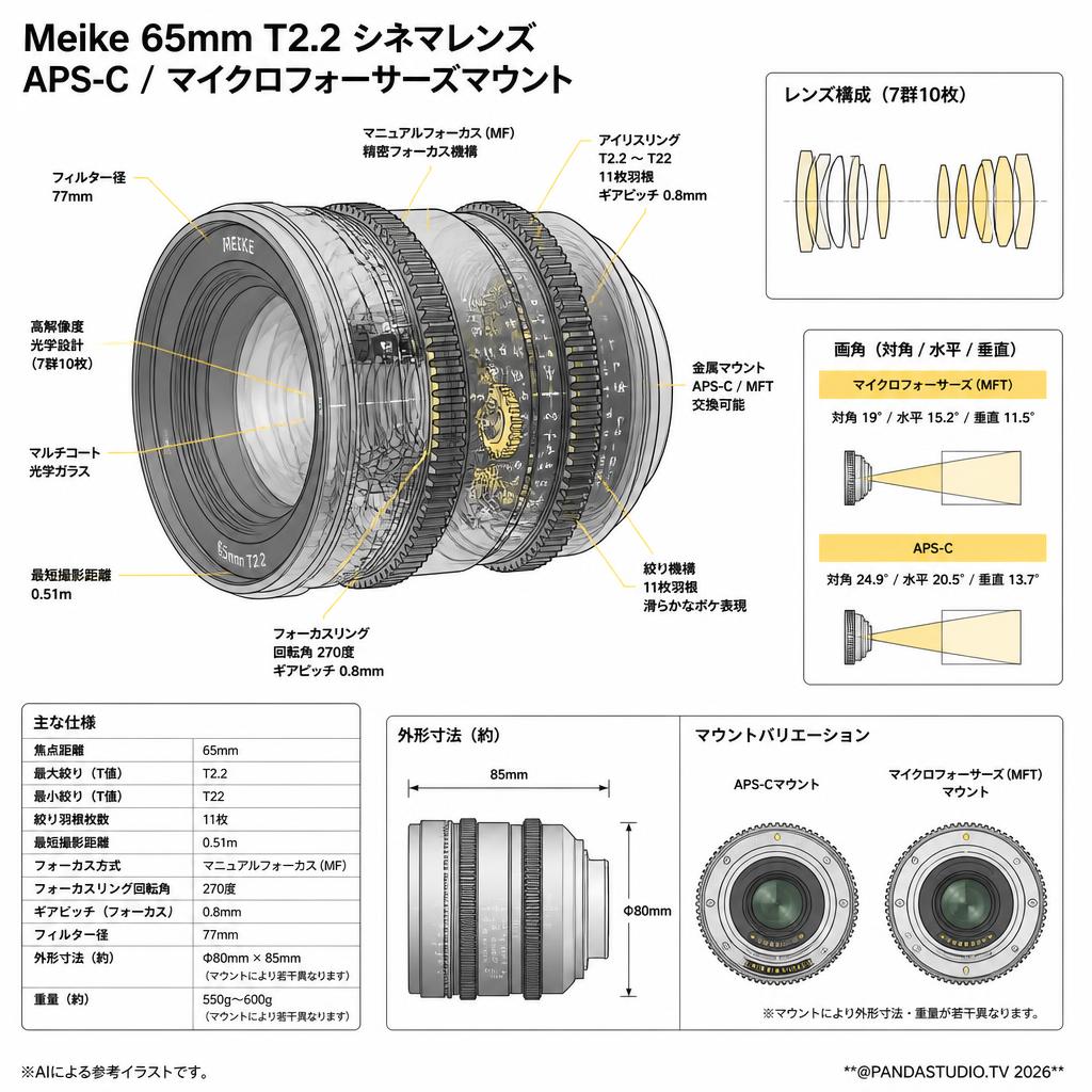 Meike 65mm T2.2 シネマレンズ APS-C マイクロフォーサーズマウント スペック