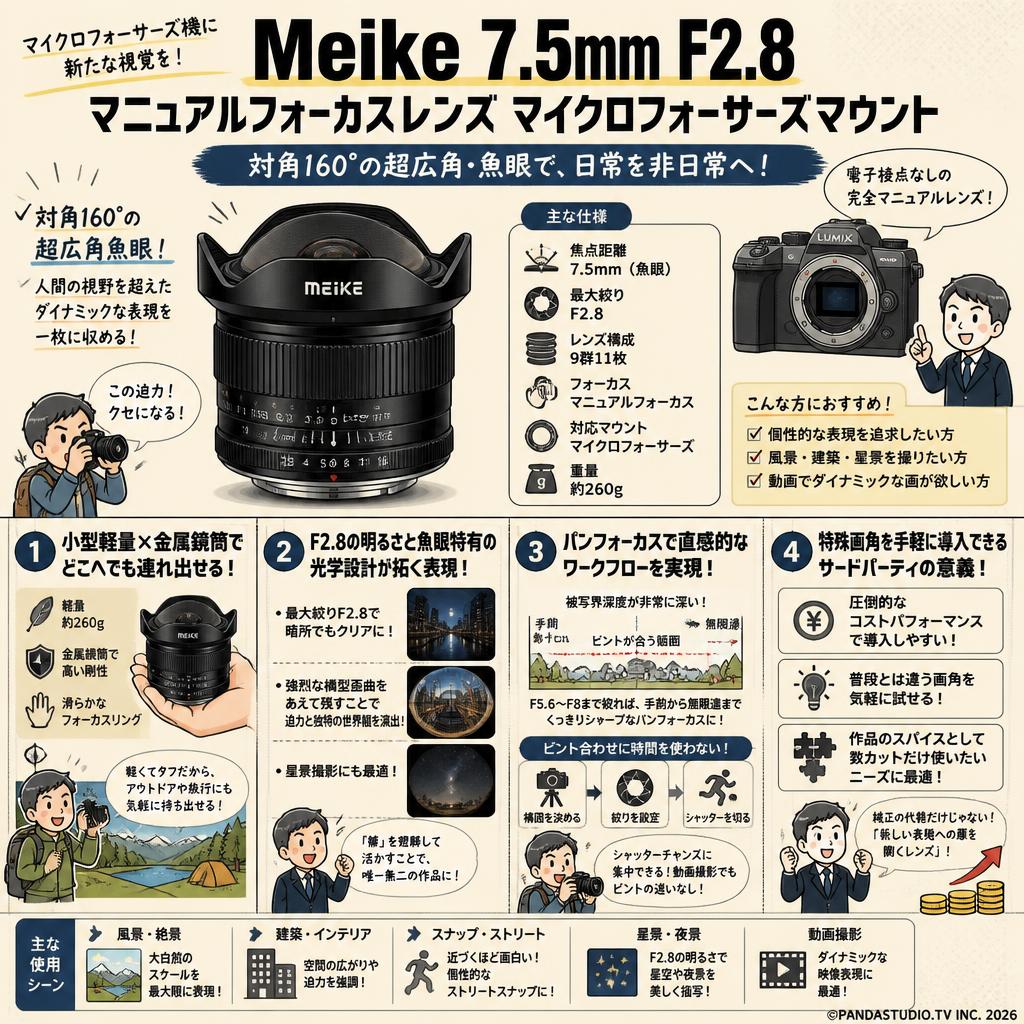 Meike 7.5mm F2.8  マニュアルフォーカスレンズ マイクロフォーサーズマウント 概要