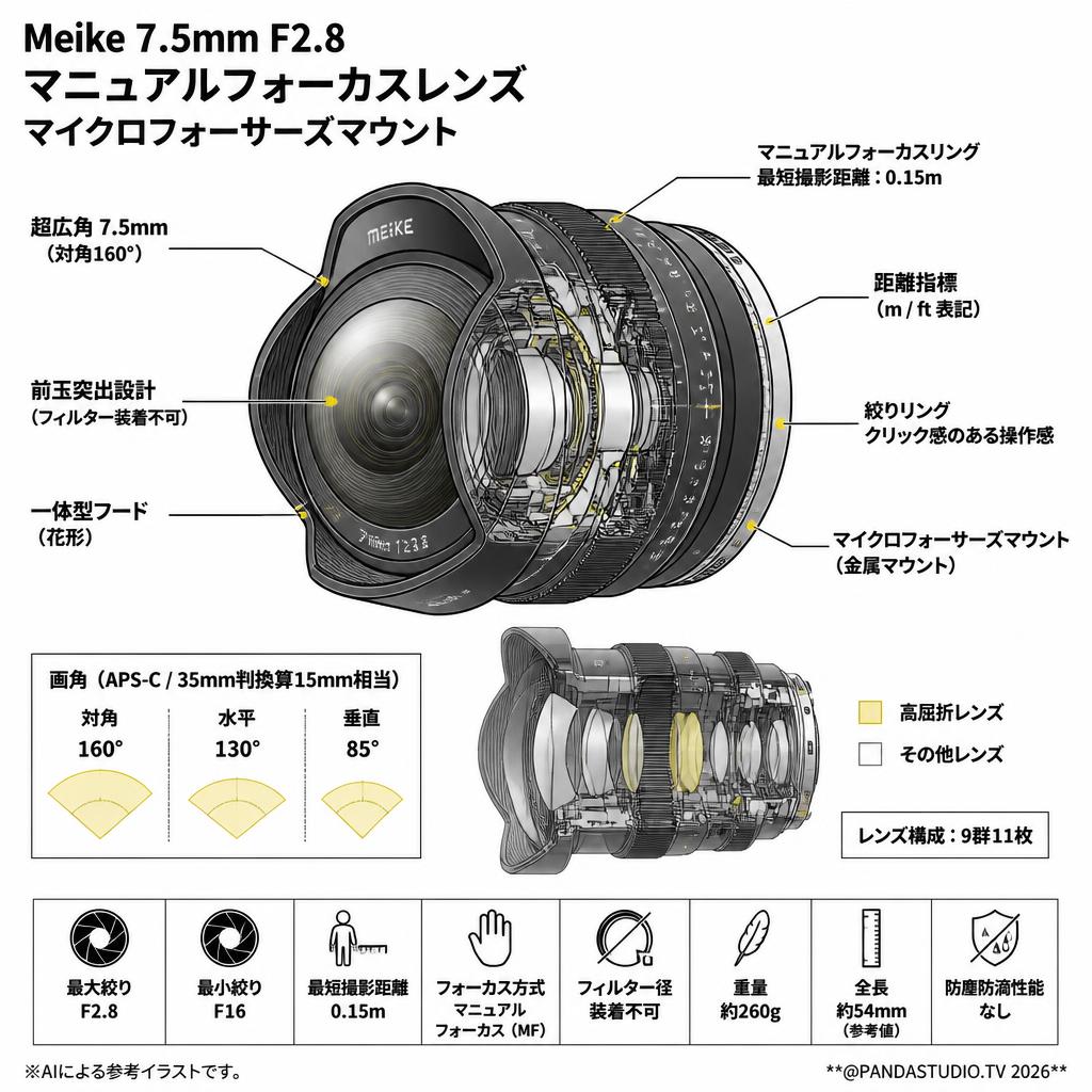Meike 7.5mm F2.8  マニュアルフォーカスレンズ マイクロフォーサーズマウント スペック