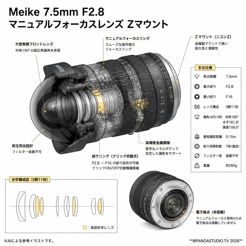 Meike 7.5mm F2.8  マニュアルフォーカスレンズ Zマウント スペック