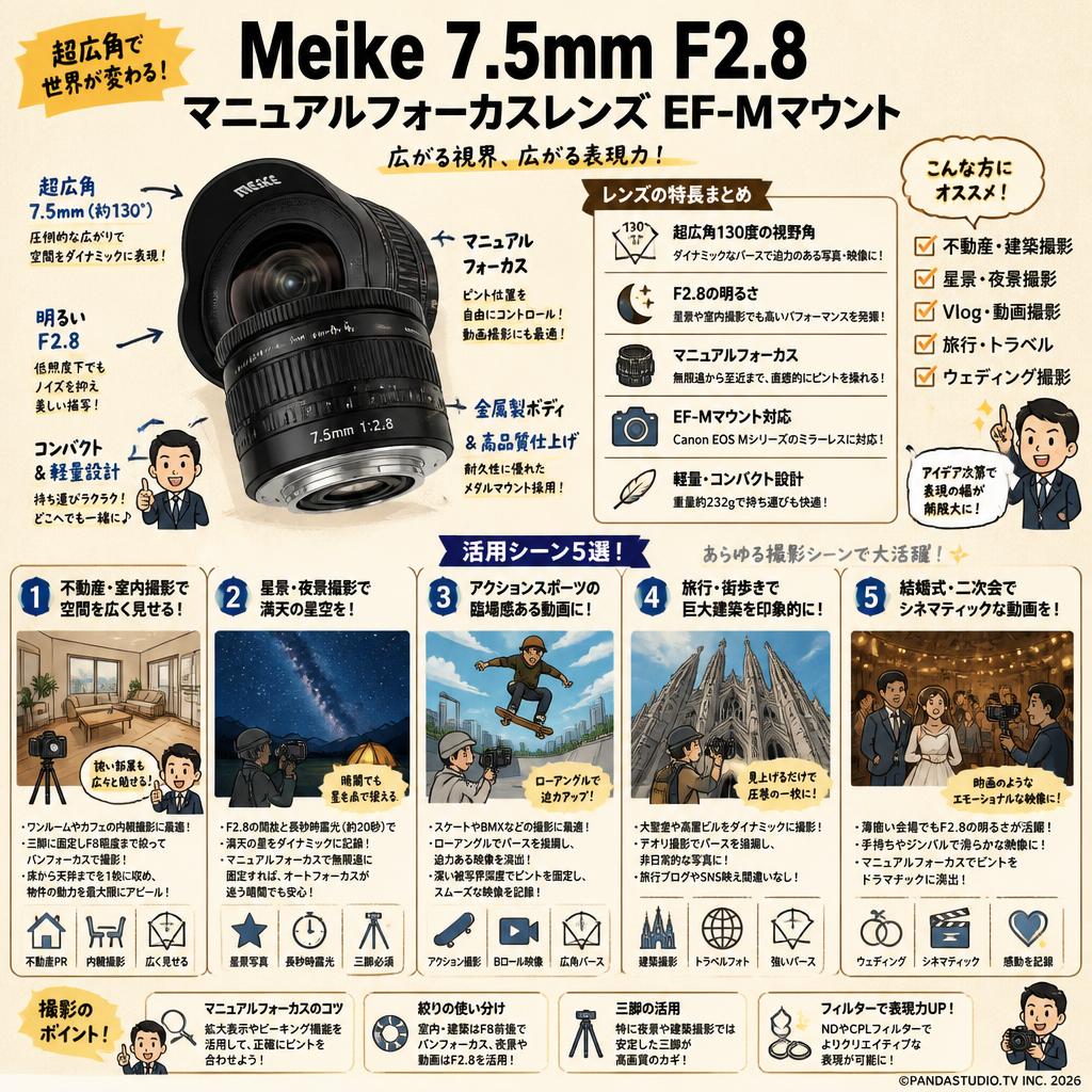 Meike 7.5mm F2.8  マニュアルフォーカスレンズ　EF-Mマウント 用途
