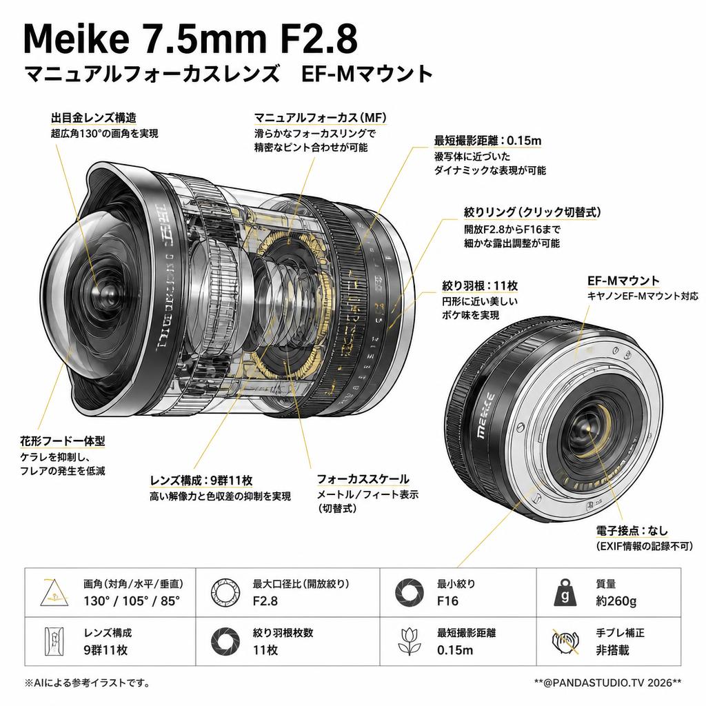 Meike 7.5mm F2.8  マニュアルフォーカスレンズ　EF-Mマウント スペック