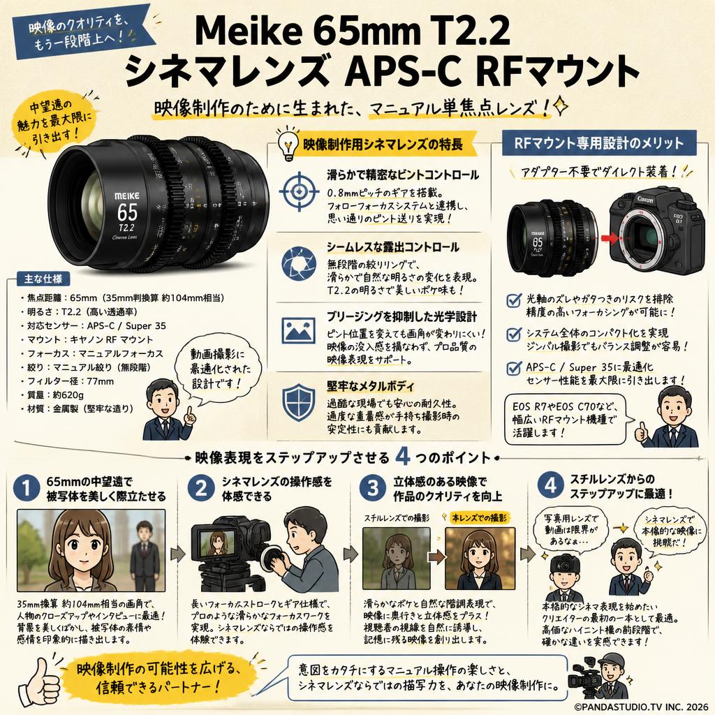 Meike 65mm T2.2 シネマレンズ APS-C RFマウント 概要