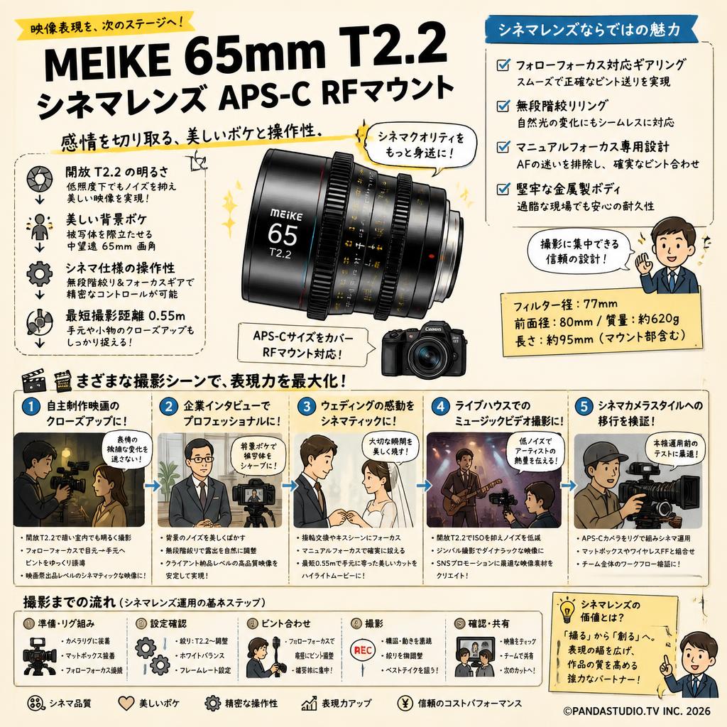 Meike 65mm T2.2 シネマレンズ APS-C RFマウント 用途