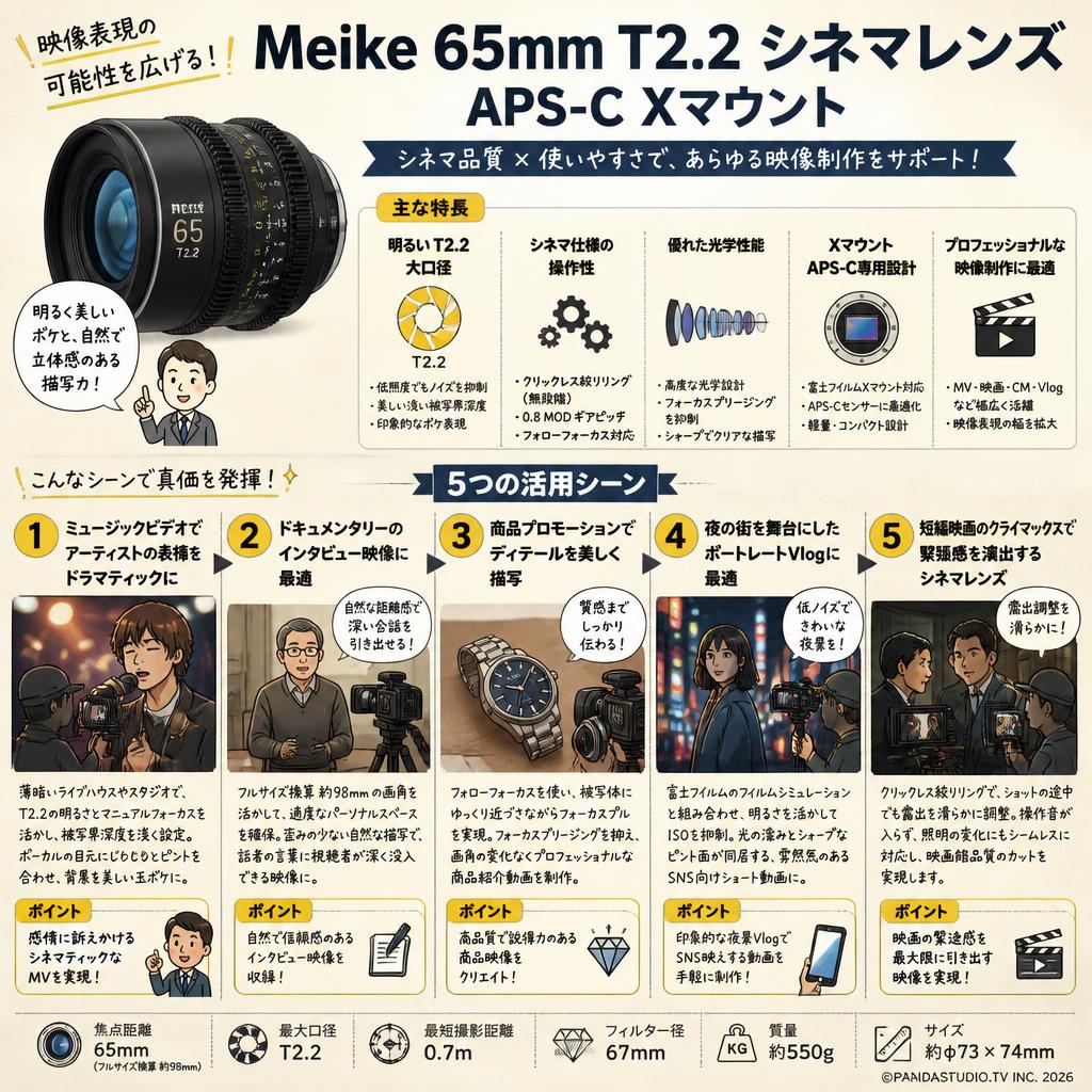 Meike 65mm T2.2 シネマレンズ APS-C Xマウント 用途