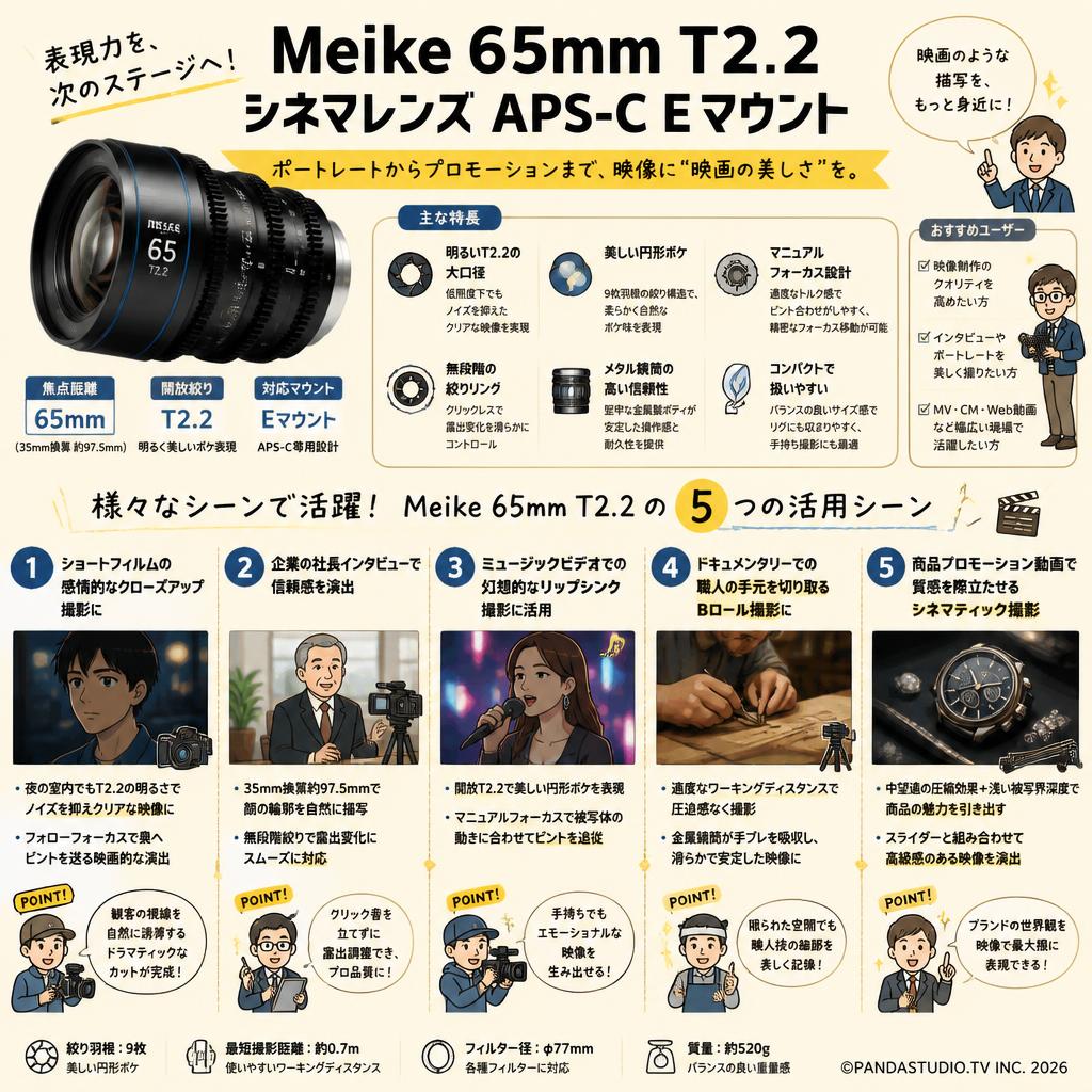 Meike 65mm T2.2 シネマレンズ APS-C Eマウント 用途