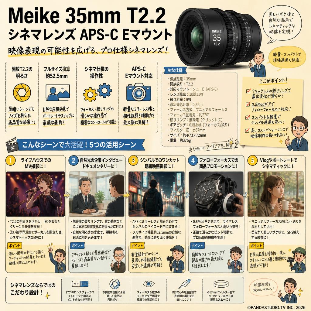 Meike 35mm T2.2 シネマレンズ APS-C Eマウント 用途