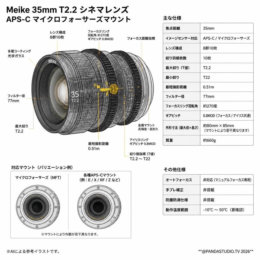Meike 35mm T2.2 シネマレンズ APS-C マイクロフォーサーズマウント スペック
