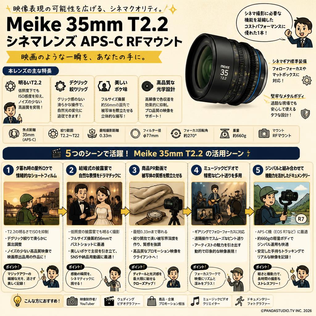 Meike 35mm T2.2 シネマレンズ APS-C RFマウント 用途