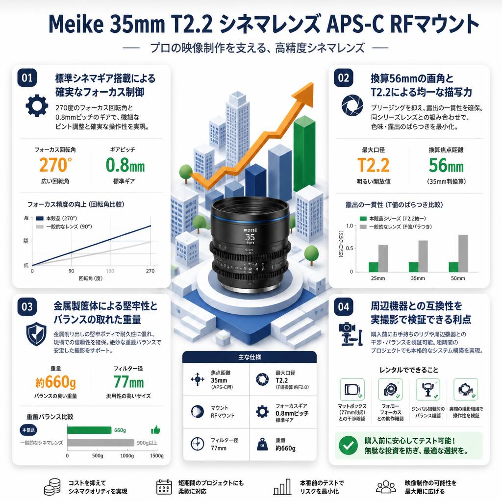 Meike 35mm T2.2 シネマレンズ APS-C RFマウント セールスポイント