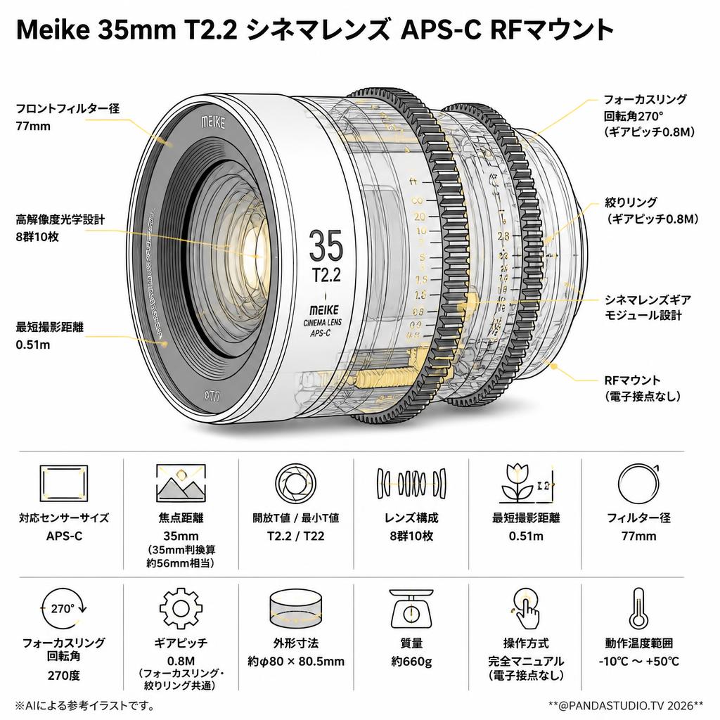 Meike 35mm T2.2 シネマレンズ APS-C RFマウント スペック