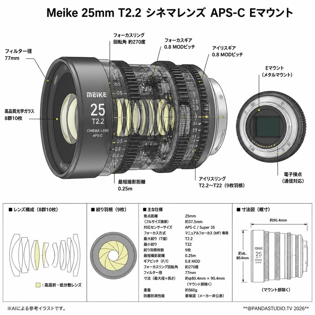 Meike 25mm T2.2 シネマレンズ APS-C Eマウント スペック