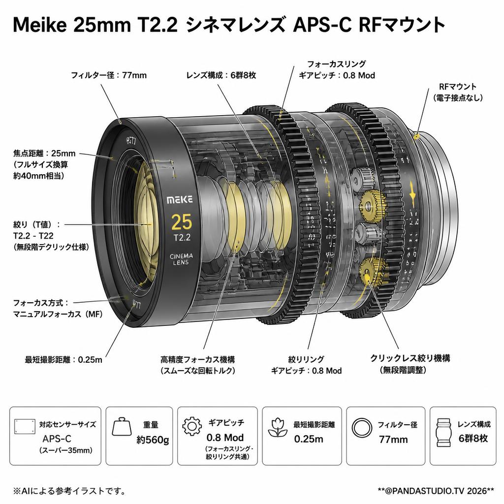 Meike 25mm T2.2 シネマレンズ APS-C RFマウント スペック