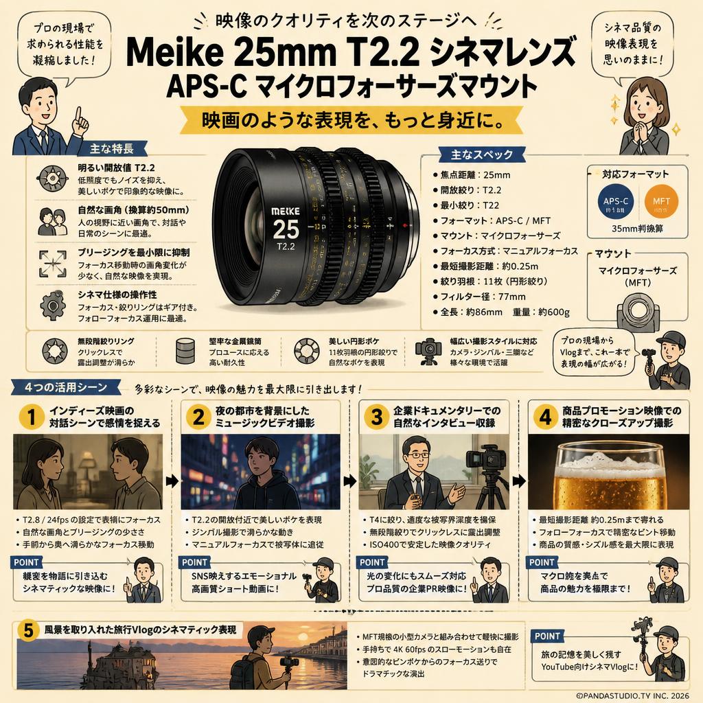 Meike 25mm T2.2 シネマレンズ APS-C マイクロフォーサーズマウント 用途