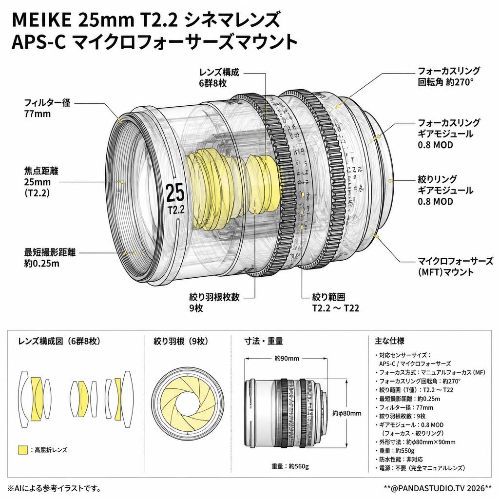 Meike 25mm T2.2 シネマレンズ APS-C マイクロフォーサーズマウント スペック