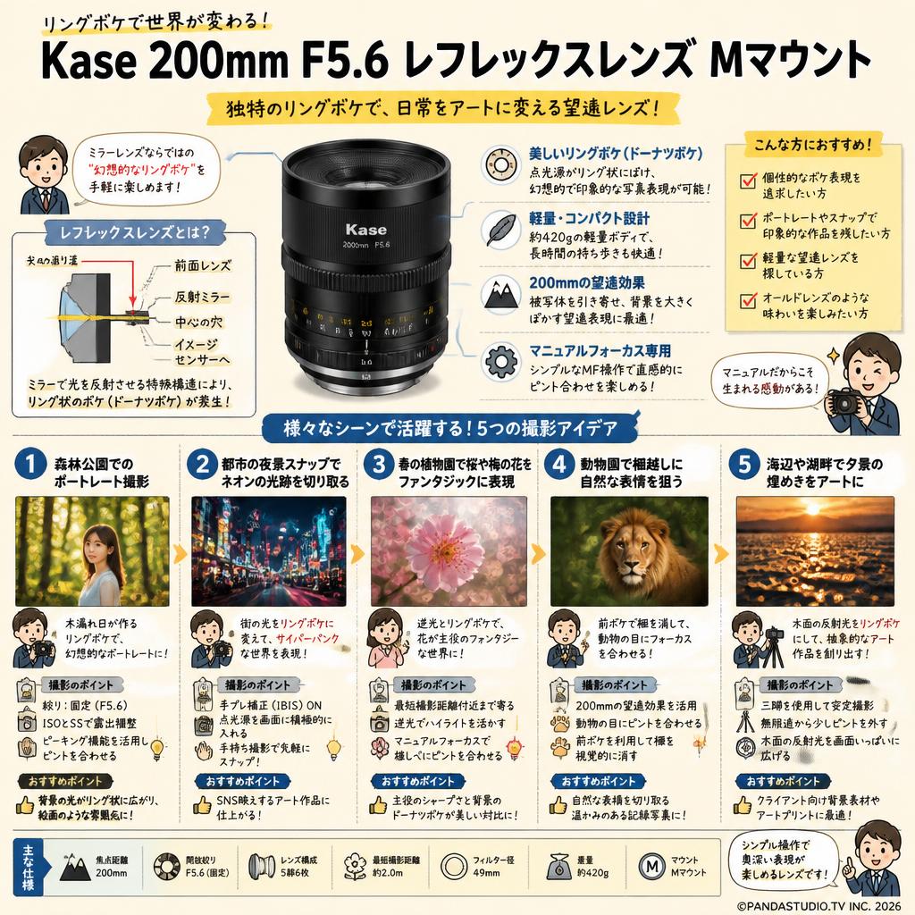 Kase 200mm F5.6 レフレックスレンズ Mマウント 用途