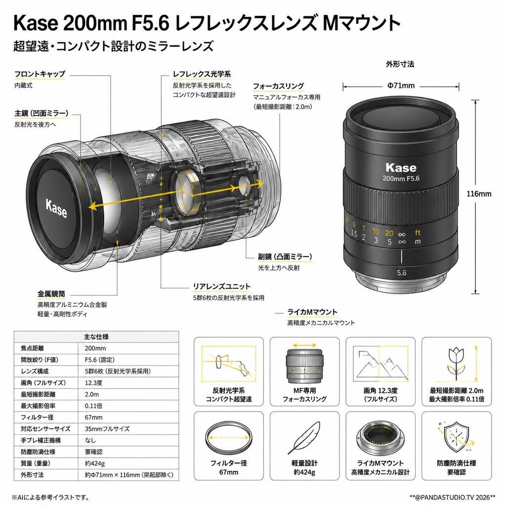 Kase 200mm F5.6 レフレックスレンズ Mマウント スペック