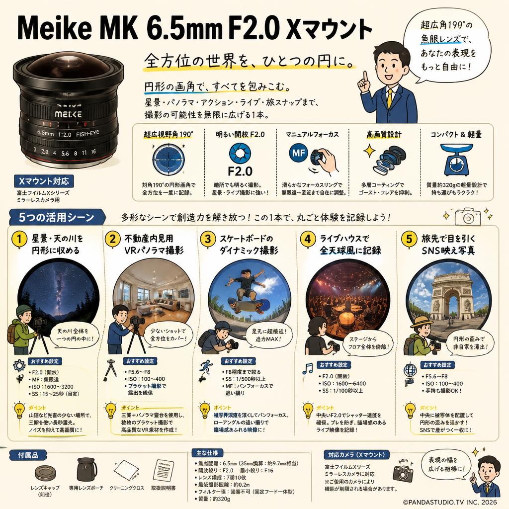 Meike MK 6.5mm F2.0 Xマウント 用途