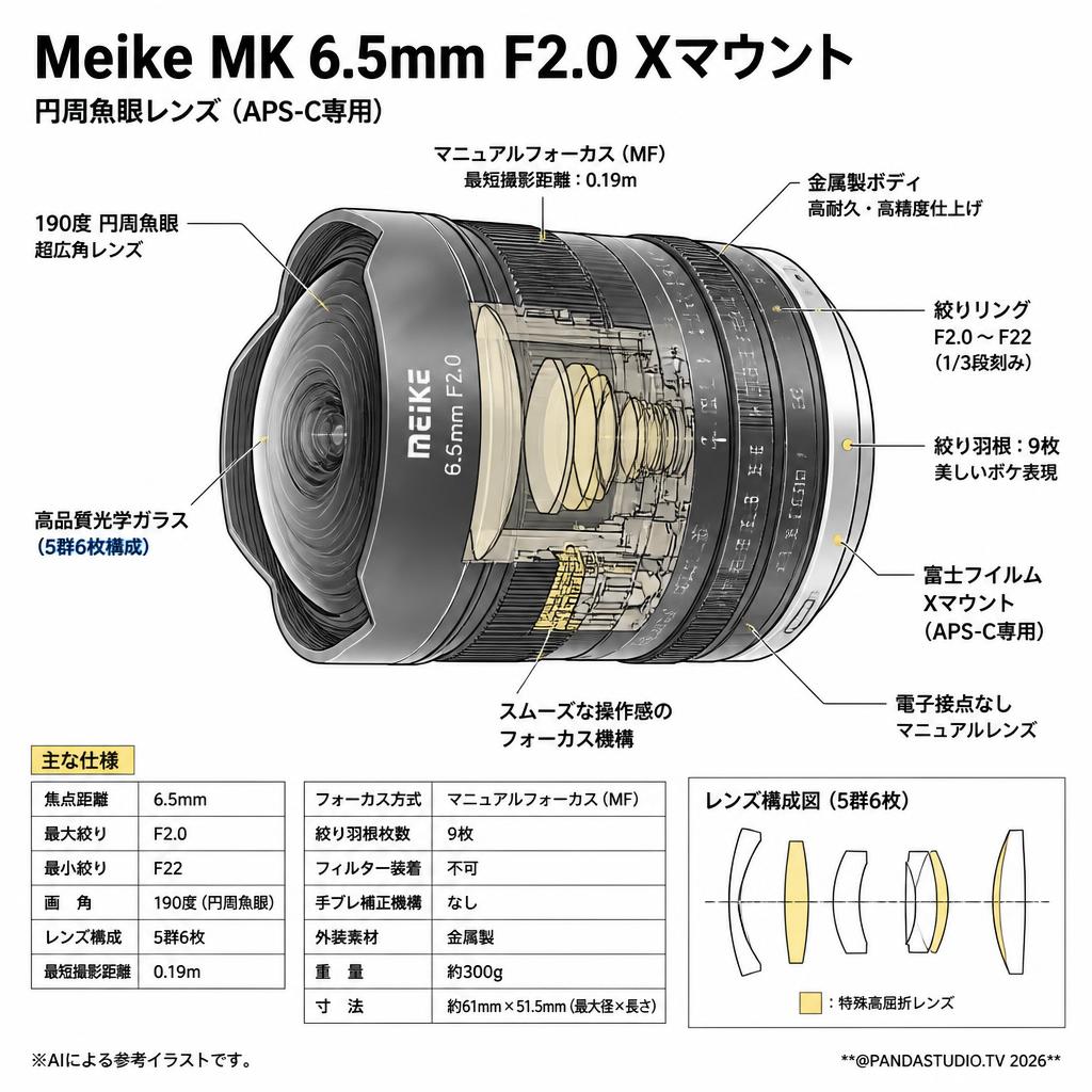 Meike MK 6.5mm F2.0 Xマウント スペック