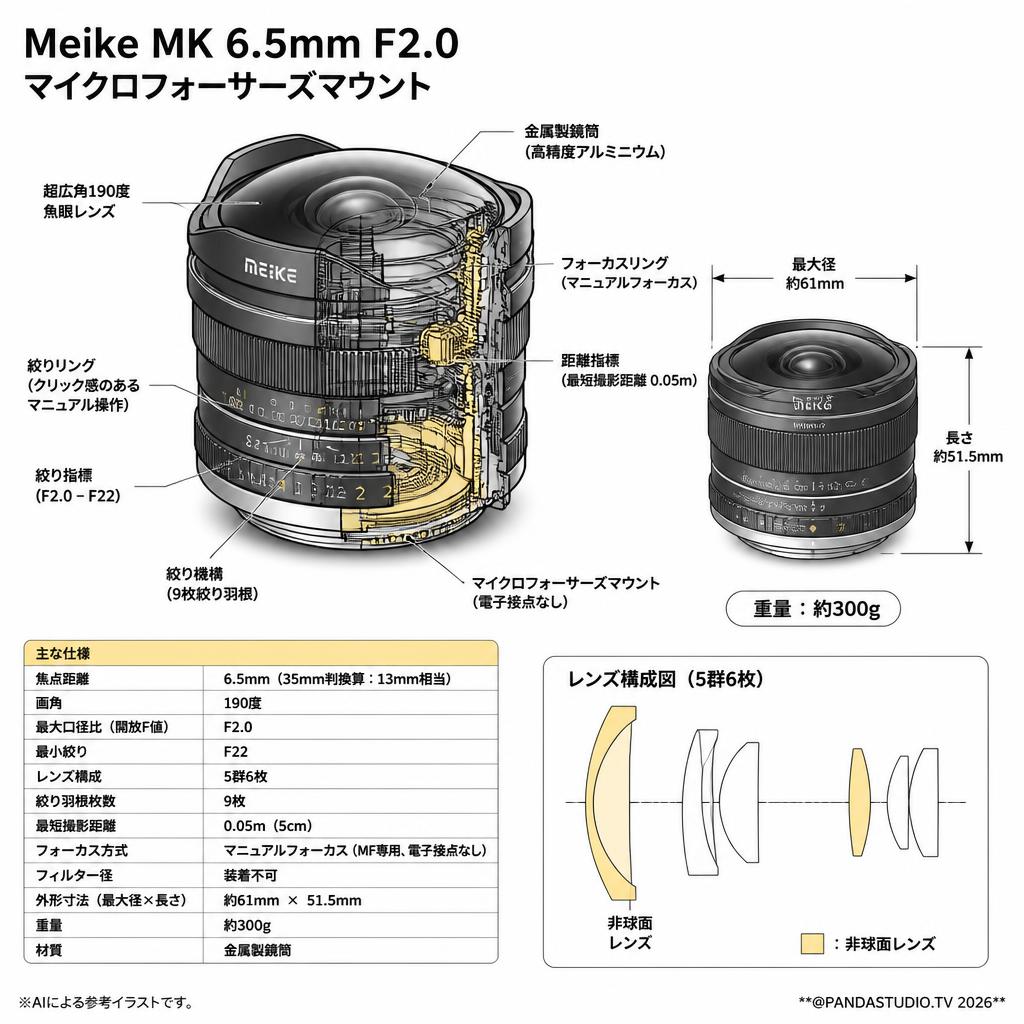 Meike MK 6.5mm F2.0 マイクロフォーサーズマウント スペック