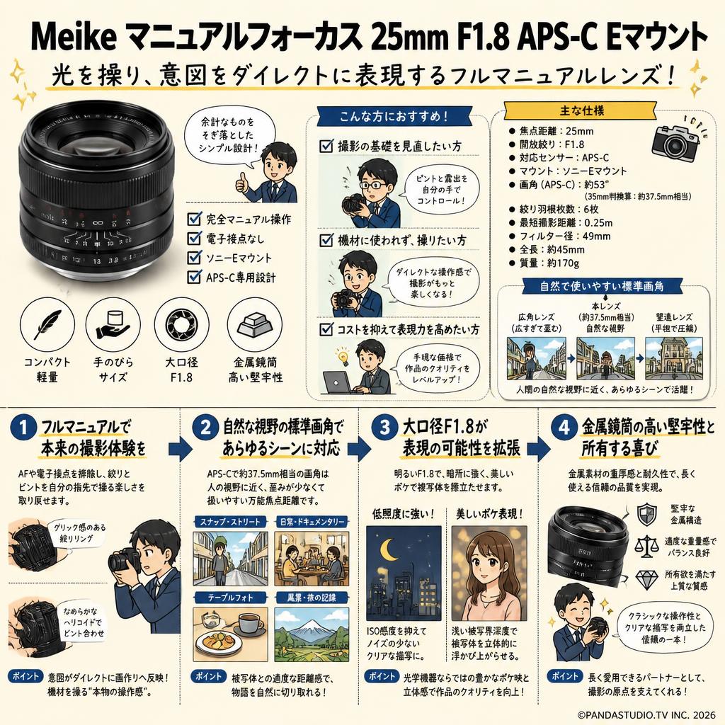Meike マニュアルフォーカス 25mm F1.8 APS-C Eマウント 概要