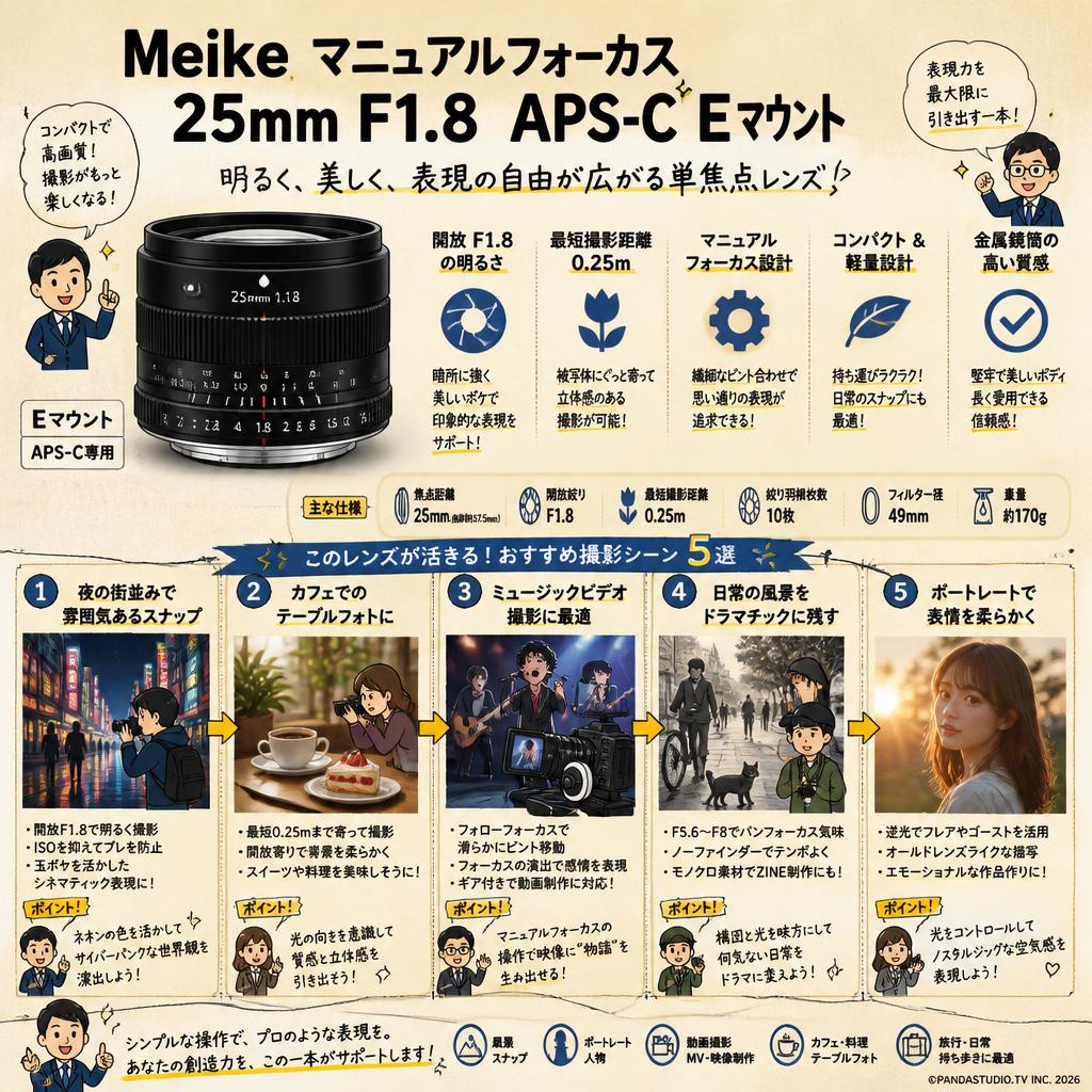 Meike マニュアルフォーカス 25mm F1.8 APS-C Eマウント 用途