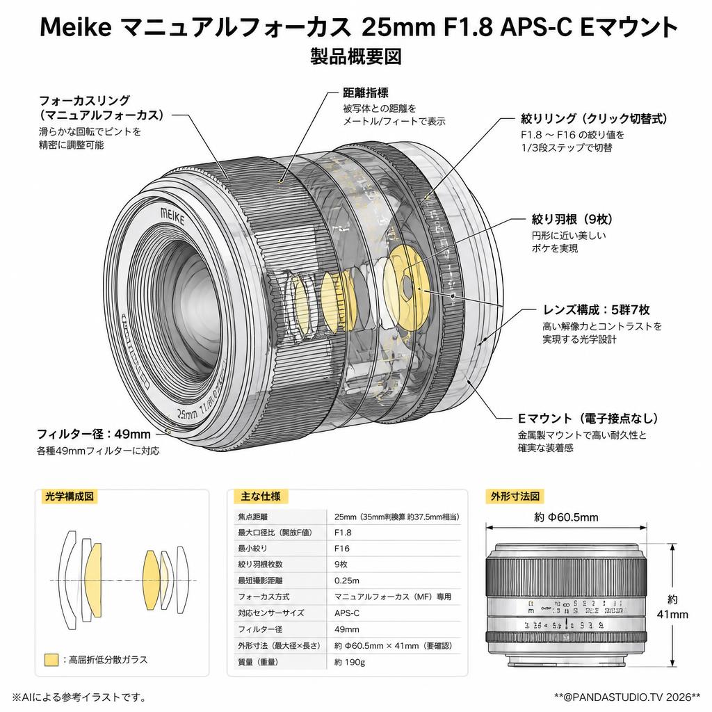 Meike マニュアルフォーカス 25mm F1.8 APS-C Eマウント スペック