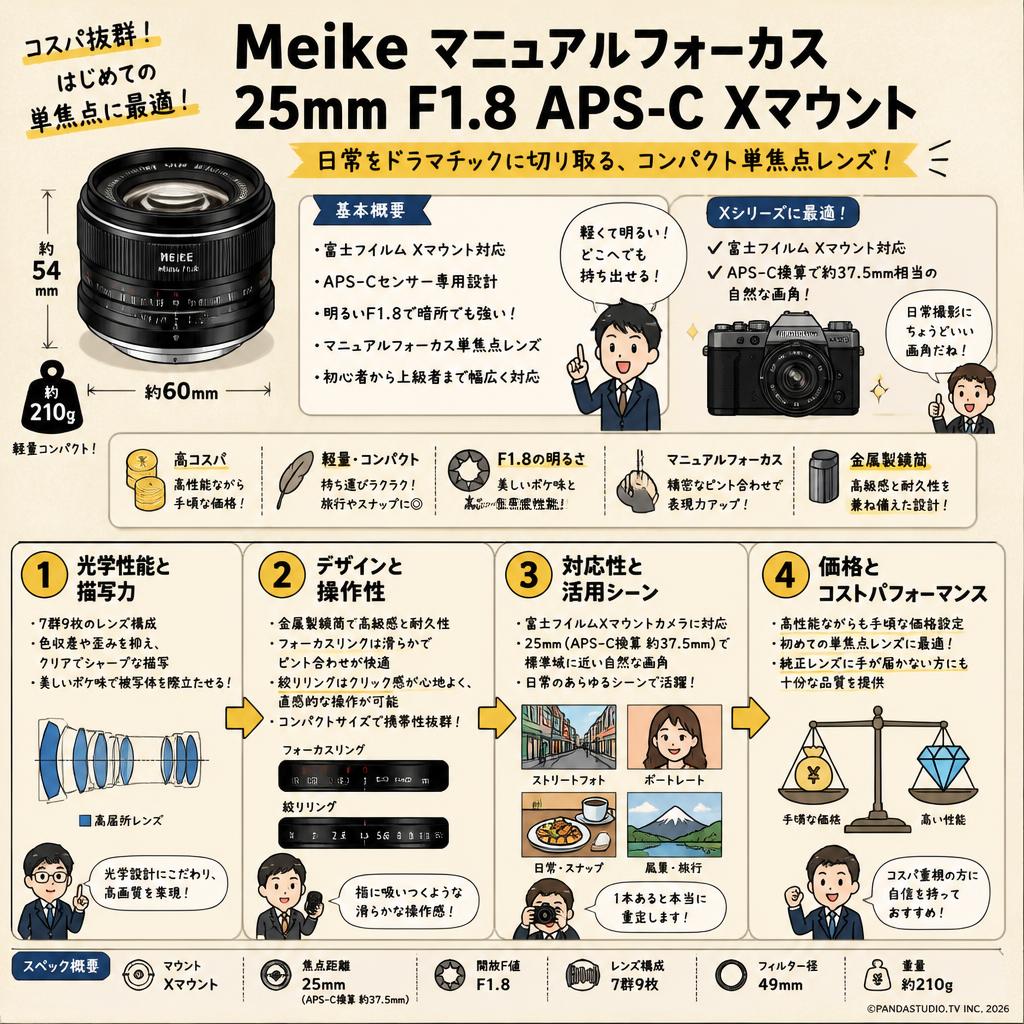 Meike マニュアルフォーカス 25mm F1.8 APS-C Xマウント 概要