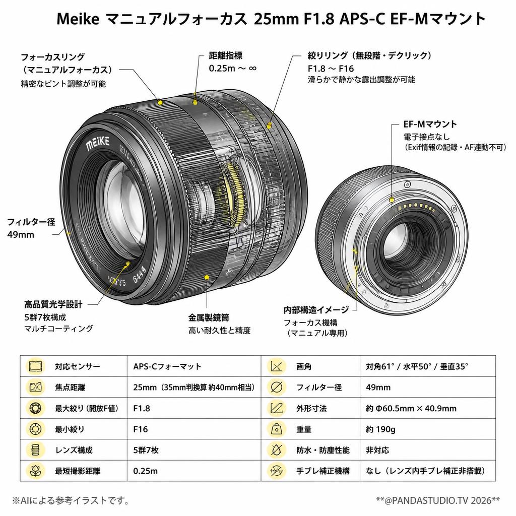 Meike マニュアルフォーカス 25mm F1.8 APS-C EF-Mマウント スペック