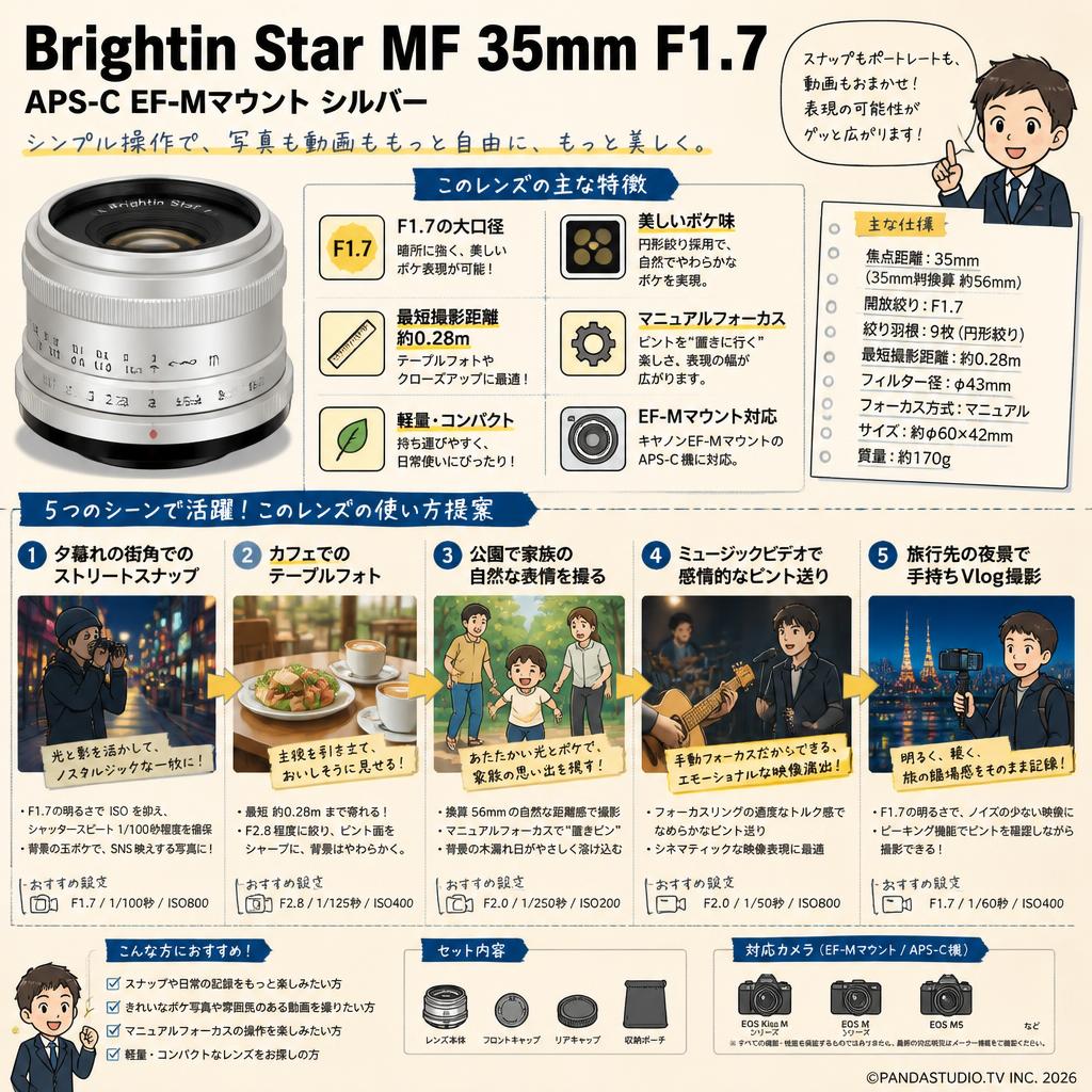 Brightin Star MF 35mm F1.7 APS-C EF-Mマウント シルバー 用途