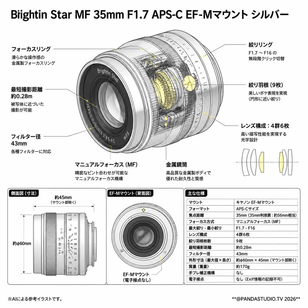 Brightin Star MF 35mm F1.7 APS-C EF-Mマウント シルバー スペック