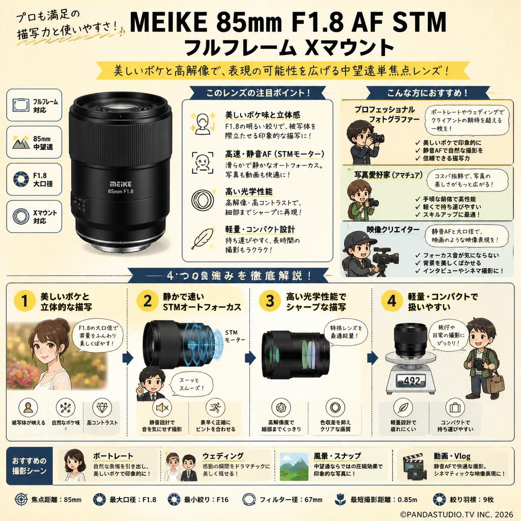Meike 85mm F1.8 AF STM フルフレーム Xマウント おもな対象のお客様