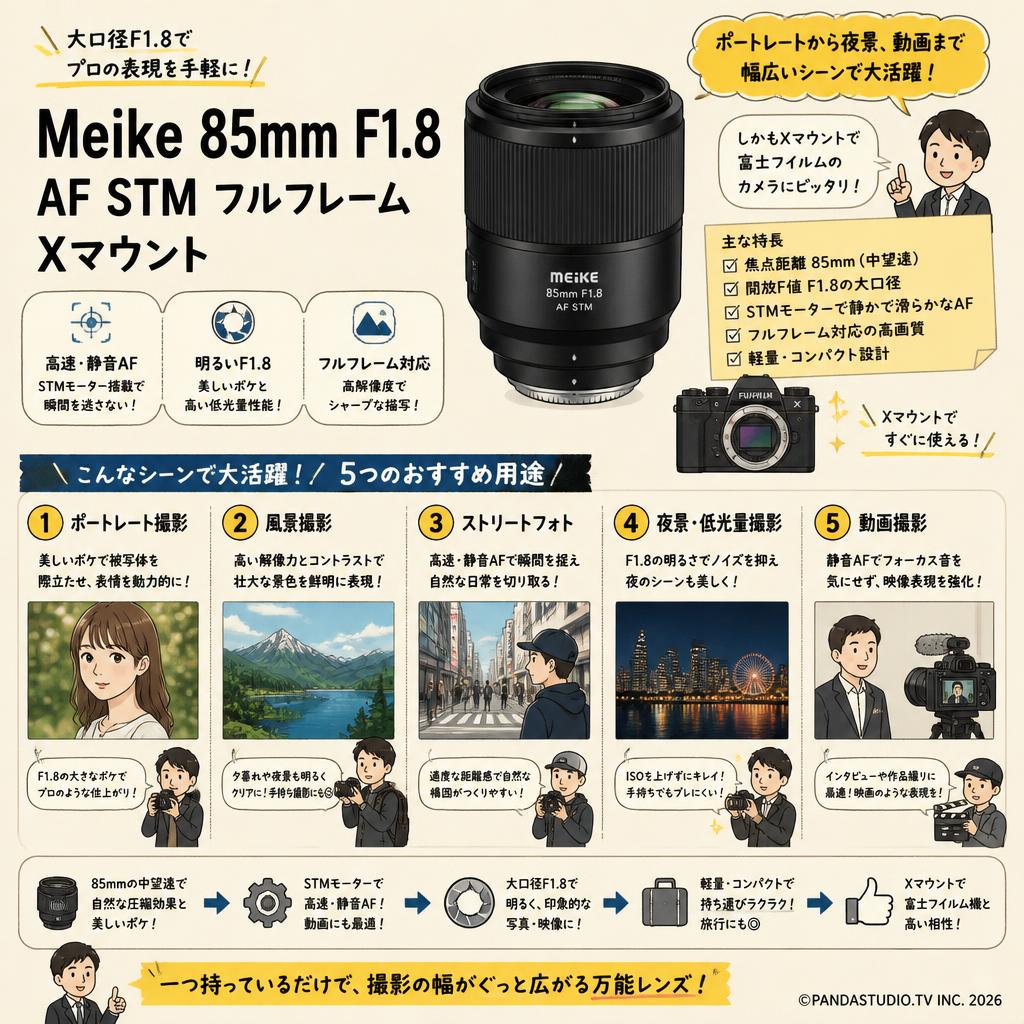 Meike 85mm F1.8 AF STM フルフレーム Xマウント 用途