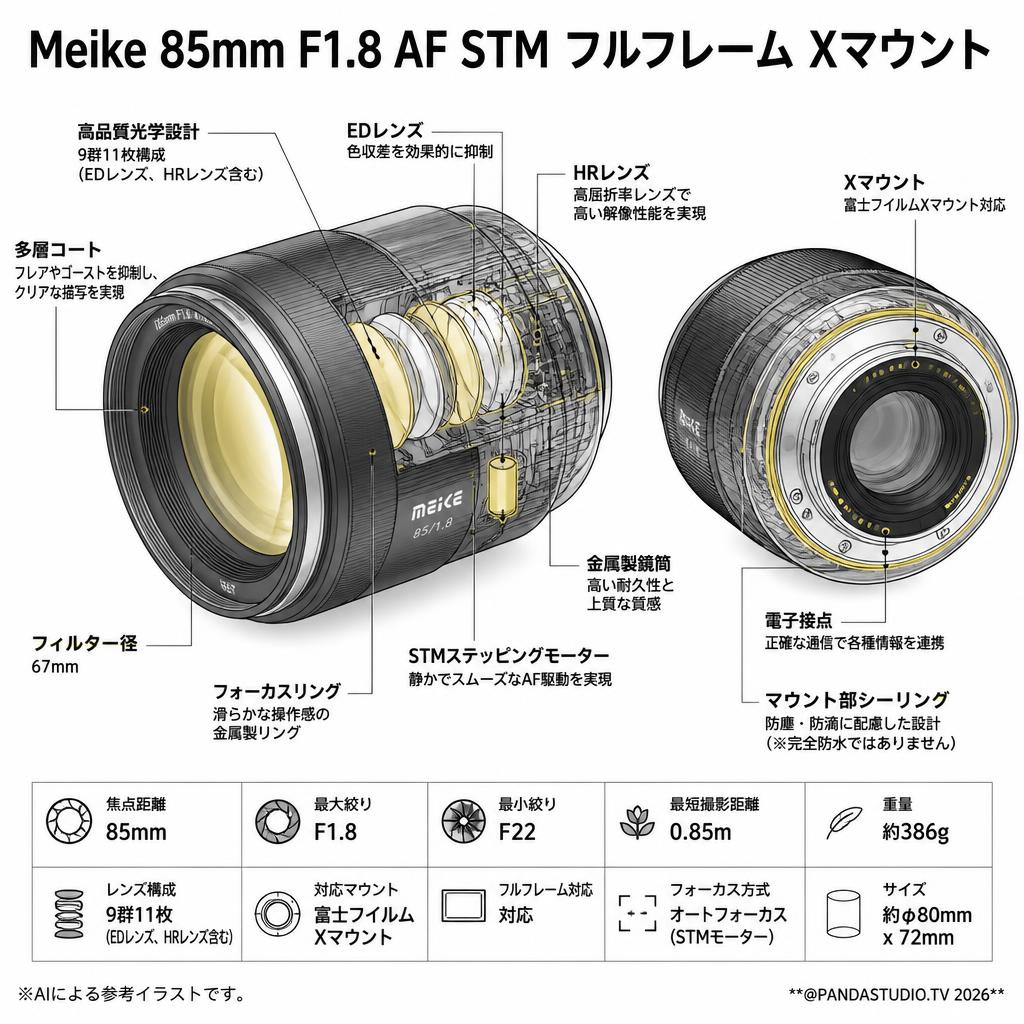 Meike 85mm F1.8 AF STM フルフレーム Xマウント スペック