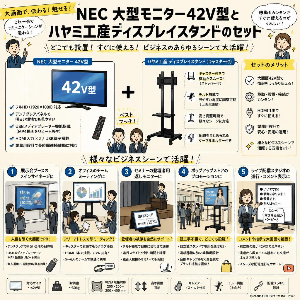 NEC 大型モニター42V型 とハヤミ工産ディスプレイスタンドのセット 用途