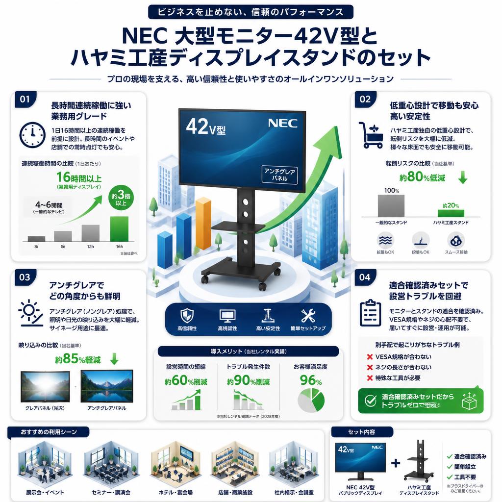 NEC 大型モニター42V型 とハヤミ工産ディスプレイスタンドのセット セールスポイント