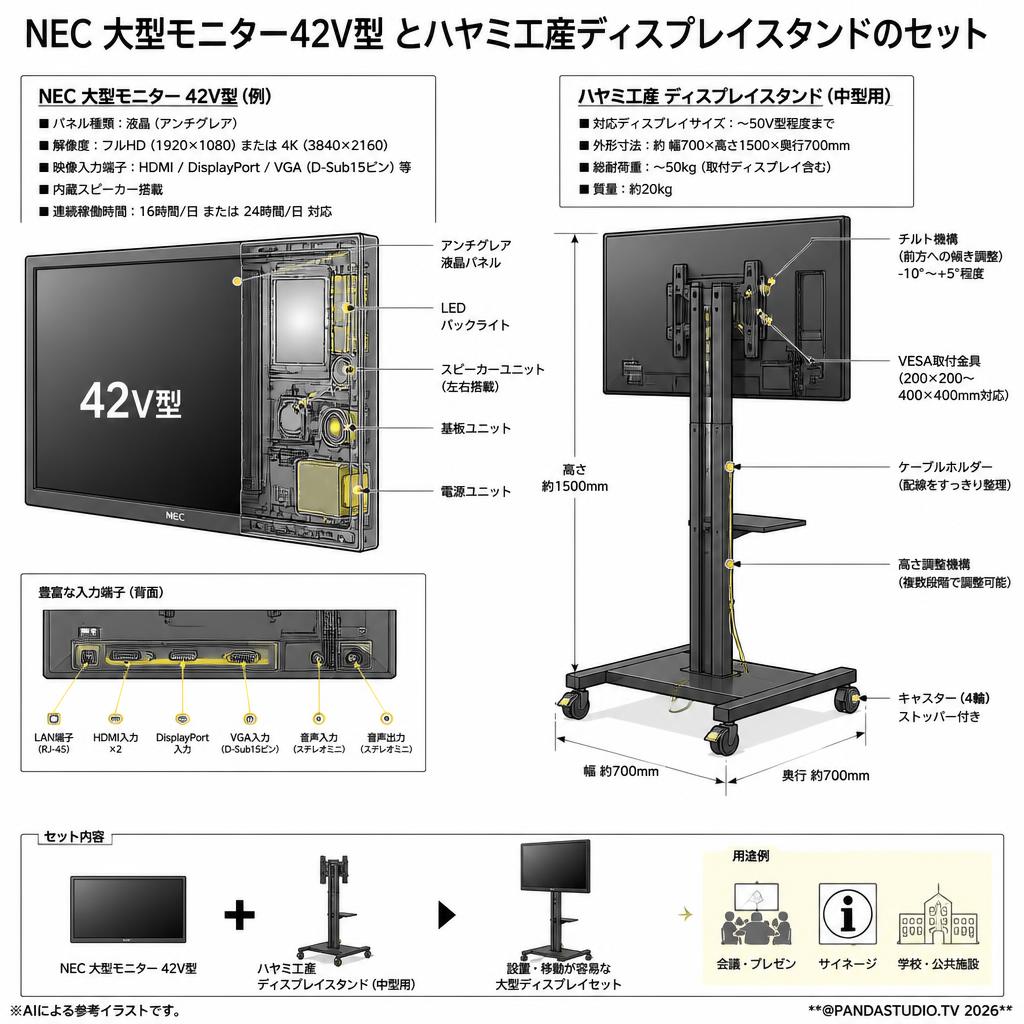 NEC 大型モニター42V型 とハヤミ工産ディスプレイスタンドのセット スペック